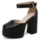 Square Toe Platforms Ankle Straps Croco Embbossed Chunky Heels Dorsay Pumps - Black
