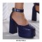 Square Toe Platforms Ankle Straps Croco Embbossed Chunky Heels Dorsay Pumps - Blue