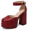 Square Toe Platforms Ankle Straps Croco Embbossed Chunky Heels Dorsay Pumps - Red