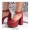 Square Toe Platforms Ankle Straps Croco Embbossed Chunky Heels Dorsay Pumps - Red