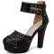 Round Toe Block Heels Ankle Double Buckle Straps Platforms Dorsay Pumps with Back Zipper - Black