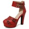 Round Toe Block Heels Ankle Double Buckle Straps Platforms Dorsay Pumps with Back Zipper - Red