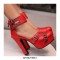 Round Toe Block Heels Ankle Double Buckle Straps Platforms Dorsay Pumps with Back Zipper - Red