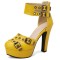 Round Toe Block Heels Ankle Double Buckle Straps Platforms Dorsay Pumps with Back Zipper - Yellow