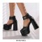 Round Toe Chunky Heels Ankle Buckle Straps Platforms Punk Party Pumps with Back Zipper - Black