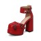 Round Toe Chunky Heels Ankle Buckle Straps Platforms Punk Party Pumps with Back Zipper - Red