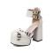 Round Toe Chunky Heels Ankle Buckle Straps Platforms Punk Party Pumps with Back Zipper - White