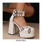 Round Toe Chunky Heels Ankle Buckle Straps Platforms Punk Party Pumps with Back Zipper - White