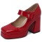 Round Toe Chunky Heels Buckle Straps Patent Platforms Mary Janes Shoes - Red