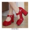 Round Toe Chunky Heels Buckle Straps Patent Platforms Mary Janes Shoes - Red