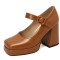 Round Toe Chunky Heels Buckle Straps Matte Platforms Mary Janes Shoes - Auburn