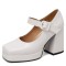 Round Toe Chunky Heels Buckle Straps Matte Platforms Mary Janes Shoes - White