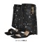 Square Open Toe Rhinestones Crusted Wedge Lock Design Fold Over Summer Wedges Sandals - Black Sequined Cloth