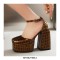 Square Toe Platforms Ankle Straps Croco Embbossed Chunky Heels Dorsay Pumps - Brown