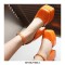 Square Toe Platforms Ankle Straps Croco Embbossed Chunky Heels Dorsay Pumps - Orange