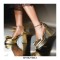 Peep Toe Platforms Chunky Heels Ankle Buckle Straps Tassel Decorate Snake Print Sandals - Gold
