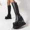 Round Toe Buckle Straps Gothic Punk Knee High Wedges Boots - Black