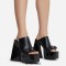 Peep Toe Chunky Heels Side Zipper Platforms Mules Slippers Sandals - Black