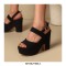 Peep Toe Platforms Chunky Heels Suede Summer Sandals Pumps - Black