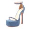 Peep Toe Stiletto Heels Ankle Buckle Straps Rhinestones Platforms Sandals - Blue Denim