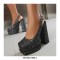 Square Toe Chunky Heels Sequin Back Straps Platforms Pumps - Black