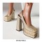 Square Toe Chunky Heels Sequin Back Straps Platforms Pumps - Gold