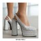 Square Toe Chunky Heels Sequin Back Straps Platforms Pumps - Silver