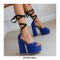 Peep Toe Chunky Heels Ribbon Lace Up Straps Platforms Pumps - Blue