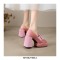Round Toe Chunky Heels Butterfly Ribbon Knot Casual Loafers Pumps - Pink