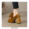 Round Toe Chunky Heels Butterfly Ribbon Knot Casual Loafers Pumps - Yellow