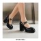 Square Toe Mary Janes Beads Chunky Heels Platforms Pumps - Black
