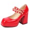 Square Toe Mary Janes Beads Chunky Heels Platforms Pumps - Red