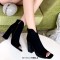 Peep Toe Chunky Heels Side Zipper Breathable Summer Boots - Black Flock