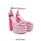 Round Toe Chunky Heels Glitter Rhinestones Ankle Straps Platforms Dorsay Barbie Pumps - Rose Red