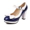 Round Toe Cute Bow-tied Chunky Heels Lolita Vintage Mary Janes Heart Straps Platforms Pumps - Blue