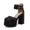 Square Toe Chunky Heels Bat Ankle Buckle Straps Pumps - Black Faux Leather