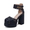 Round Toe Chunky Heels Bat Ankle Buckle Straps Pumps - Blue Faux Leather