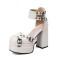 Round Toe Chunky Heels Bat Ankle Buckle Straps Pumps - White Faux Leather