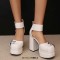 Round Toe Chunky Heels Bat Ankle Buckle Straps Pumps - White Faux Leather