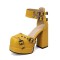 Round Toe Chunky Heels Bat Ankle Buckle Straps Pumps - Yelllow Faux Leather