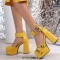 Round Toe Chunky Heels Bat Ankle Buckle Straps Pumps - Yelllow Faux Leather