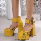 Round Toe Chunky Heels Bat Ankle Buckle Straps Pumps - Yelllow Faux Leather