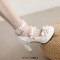 Round Toe Chunky Heels Butterfly Knot Shallow French Maid Costumes Mary Janes Shoes - White Faux Leather