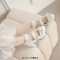 Round Toe Chunky Heels Butterfly Knot Shallow French Maid Costumes Mary Janes Shoes - White Faux Leather