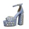Square Open Toe Platforms Denim Rhinestones Decorated Ankle Buckle Straps Sandals - Blue