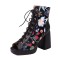 Square Open Toe Lace Up Ankle Highs Chunky Heels Flower Print Sandals - Black Faux Leather