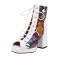 Square Open Toe Lace Up Ankle Highs Chunky Heels Snake Print Sandals - White Faux Leather