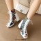 Square Open Toe Lace Up Ankle Highs Chunky Heels Snake Print Sandals - White Faux Leather