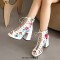 Square Open Toe Lace Up Ankle Highs Chunky Heels Flower Print Sandals - White Faux Leather