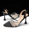 Pointed Toe Rhinestones Glitters Point Heels Slingback Sandals - Black Faux Leather